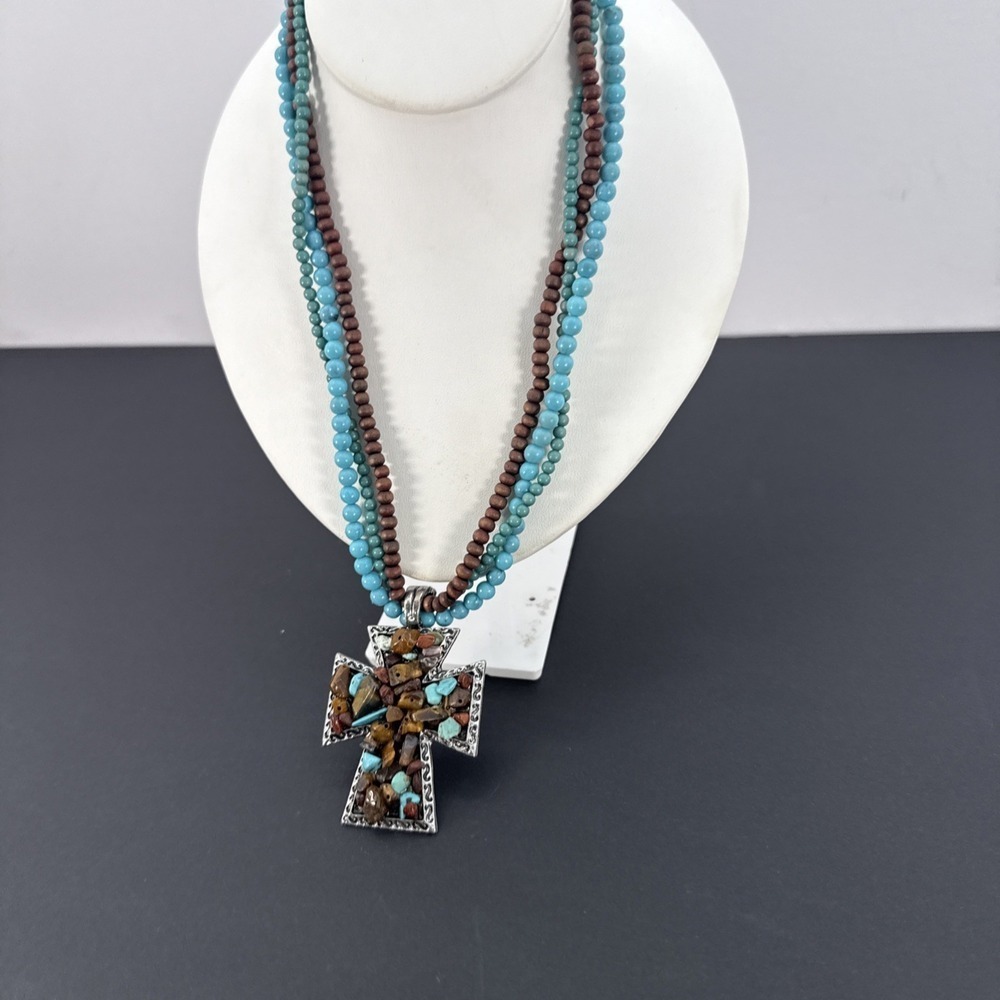 Vintage Southwestern Cross Pendant Necklace Turquoise Tiger Eye Jasper Stones - Picture 5 of 12